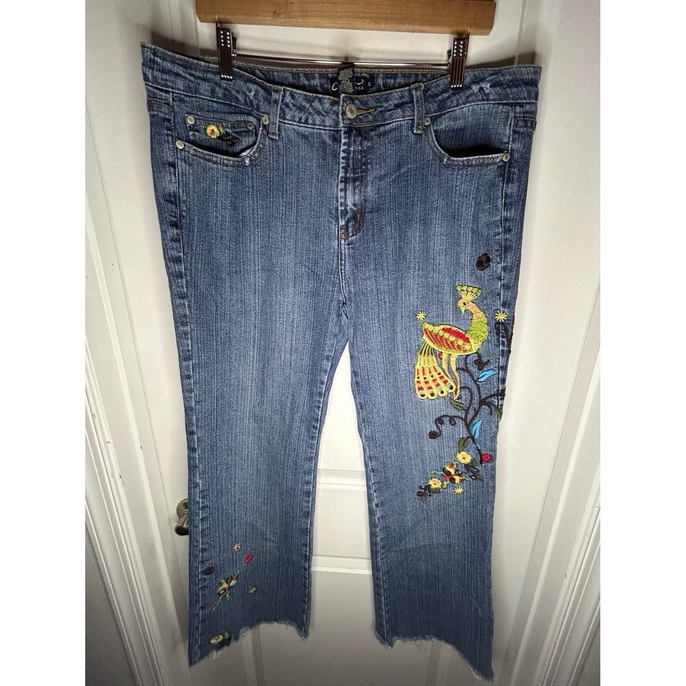 Vintage Y2k Clash Peacock Butterfly Floral Embroidered Denim Jeans Womens 36x32
